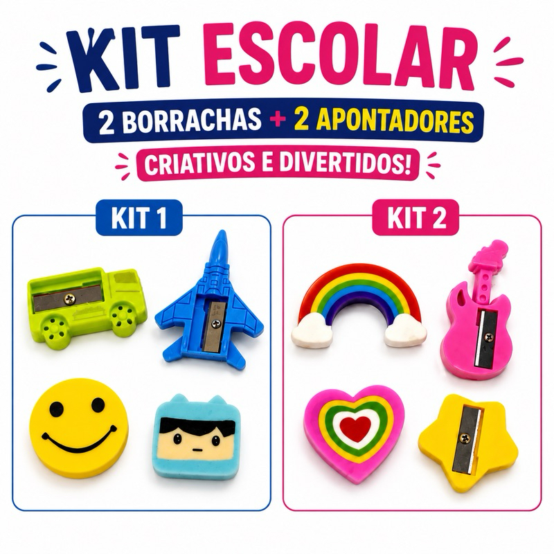 KIT ESCOLAR INFANTIL 2 BORRACHAS+  2 APONTADORES DE LÁPIS CRIATIVOS MATERIAL ESCOLAR MENINO MENINA PAPELARIA DIVERTIDA