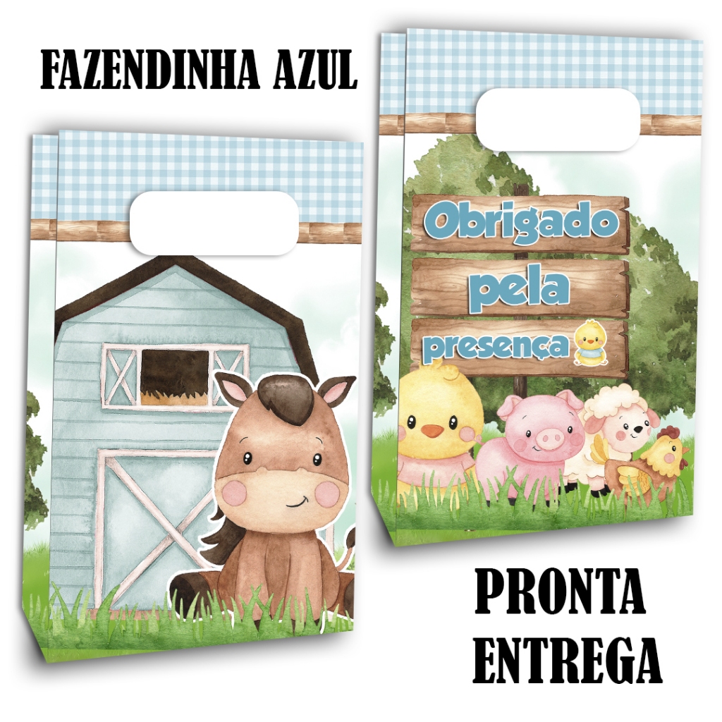 Sacolinha Surpresa Personalizada Lembrancinha Fazendinha Azul PEGUE E MONTE