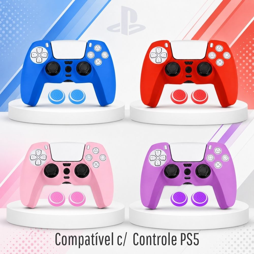 Kit Capa Silicone Translúcida PS5 DualSense + Par Grip