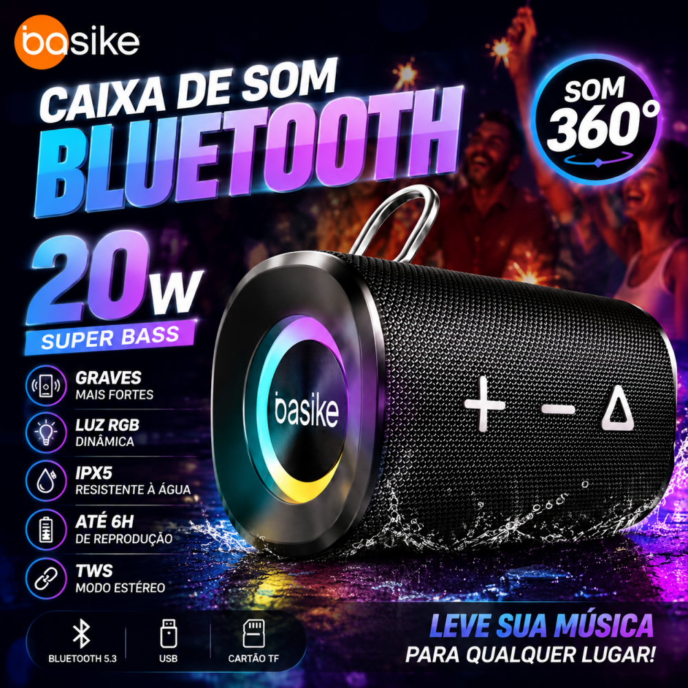 Basike Caixa de Som Bluetooth 20W Portátil RGB TWS IPX5 Super Bass Speaker Som Potente