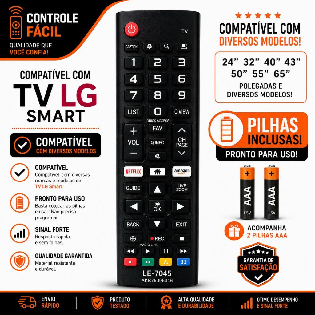 Controle Remoto Para TV LG Compatível Smart TV 4K LED LCD 24 32 40 43 50 55 65 Polegadas Universal com Pilhas Atalho Net
