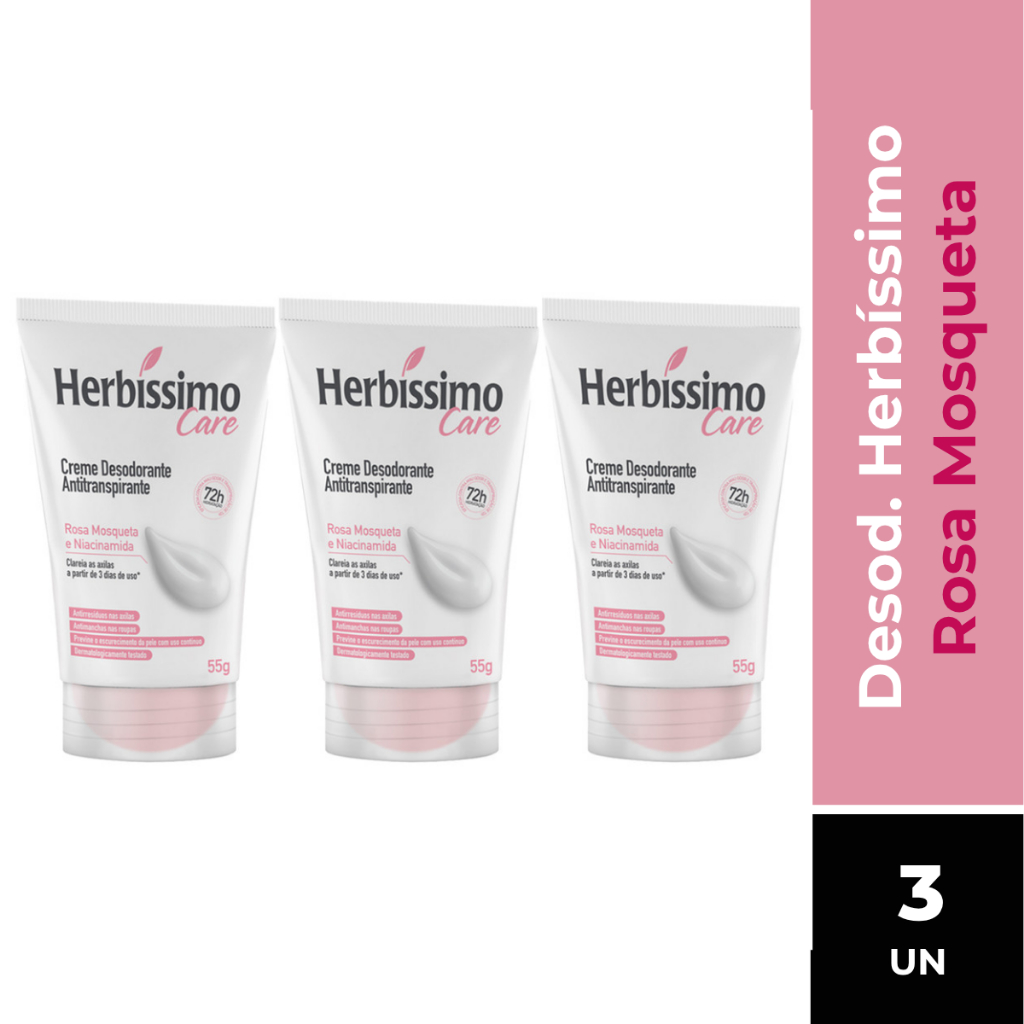 Kit C/3 Creme Desodorante Antitranspirante Herbíssimo Care Rosa Mosqueta e Niacinamida 55g