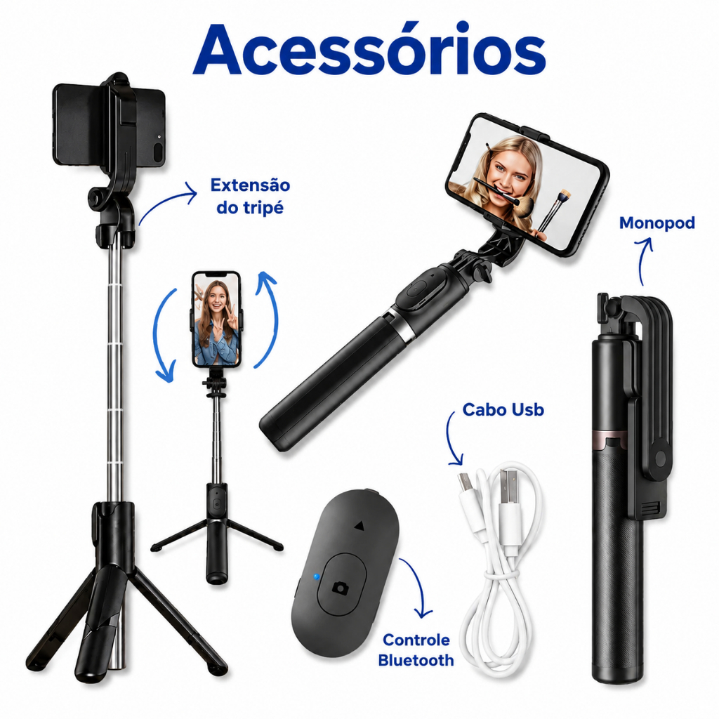 Tripé Bastão de Selfie Branco Preto Rosa Bluetooth 3 em 1 com Luz LED Controle Remoto Universal · foto 2