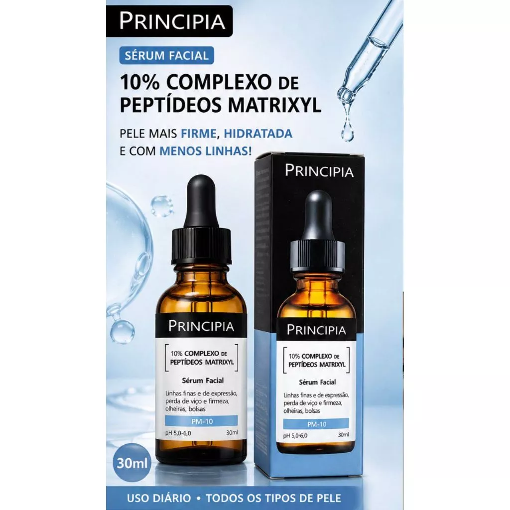 Sérum Facial Principia PM-10 30ml 10% Complexo de Peptídeos Matrixyl – Linhas Finas, Firmeza e Olheiras