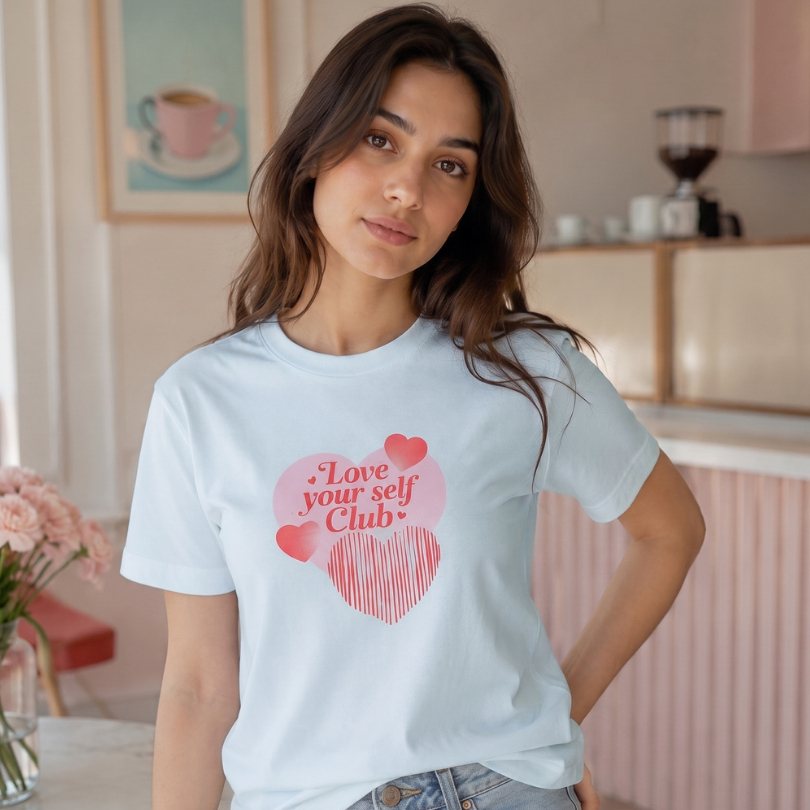 Blusa Feminina Estilosa T Shirt Amor Próprio Corações Frase Positiva Moda Feminina Estampada Atual