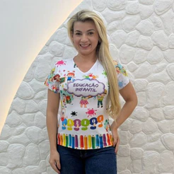 CAMISA PERSONALIZADA PROFESSORA GOLA V BLUSA FEMININA EDUCAÇAO INFANTIL EDUCADORA UNIFORME ESTAMPADA