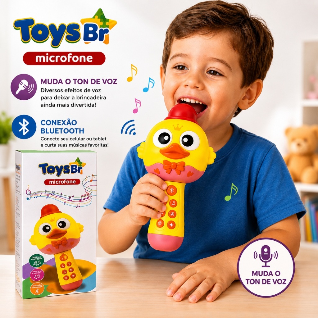 Microfone Infantil Bluetooth Recarregável com Músicas Histórias Gravação e Luz