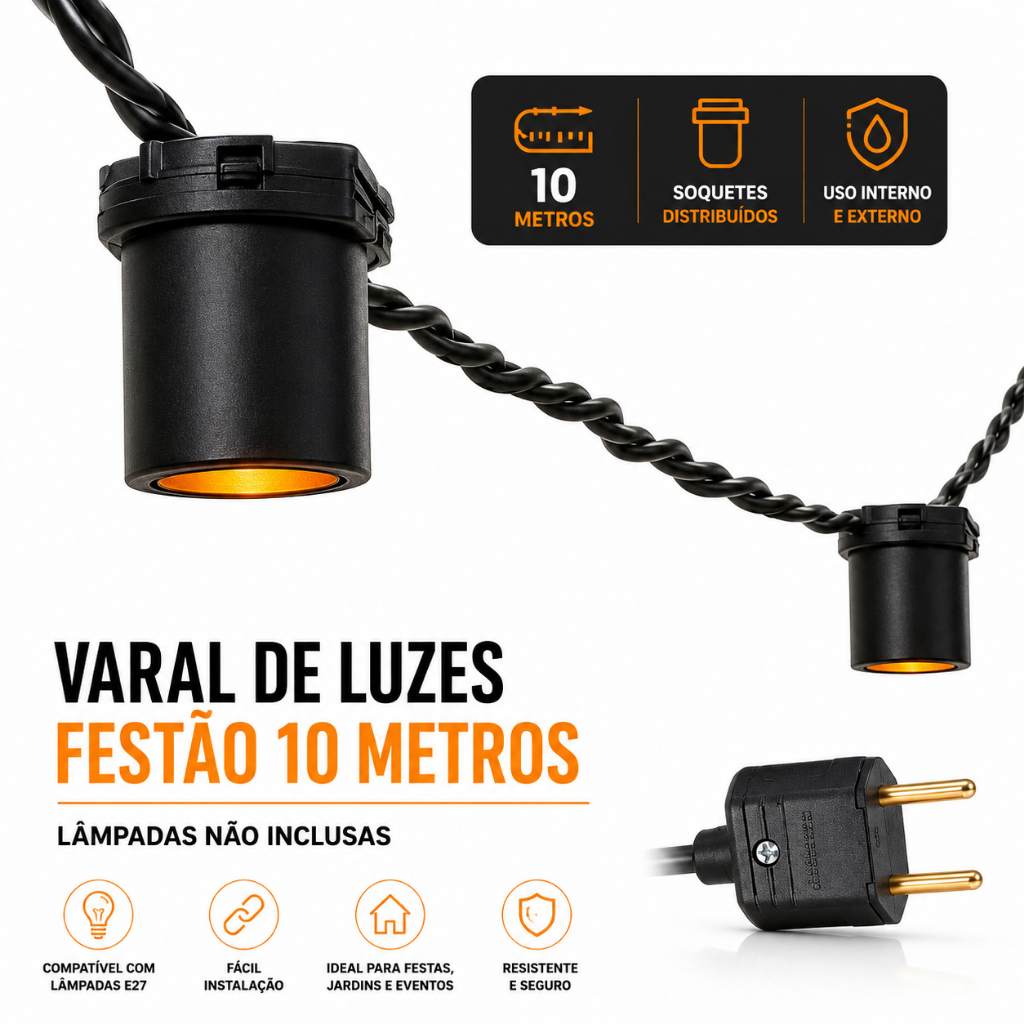 Varal de Luzes Festão 10 Metros 10 Bocais E27 IP65 Externo Sem Lâmpadas — imagem 2 de 2