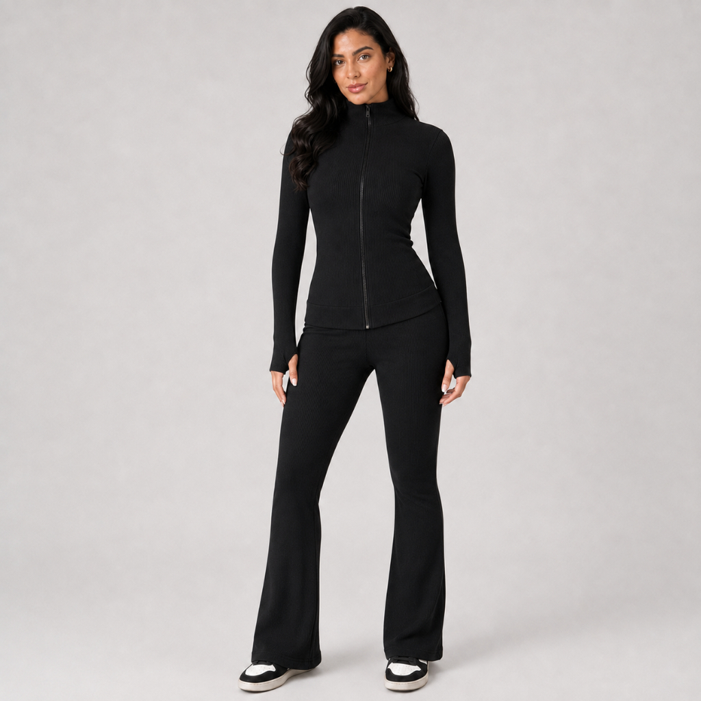 Conjunto Jaqueta Ziper Manga longa com Dedal e Calca Flare Feminino conjunto fitnes
