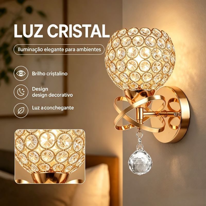 Arandela de Parede com Cristais Soquete E27 Bivolt Decoração Luxuosa Sofisticada para Quarto, Corredor e Sala de Estar
