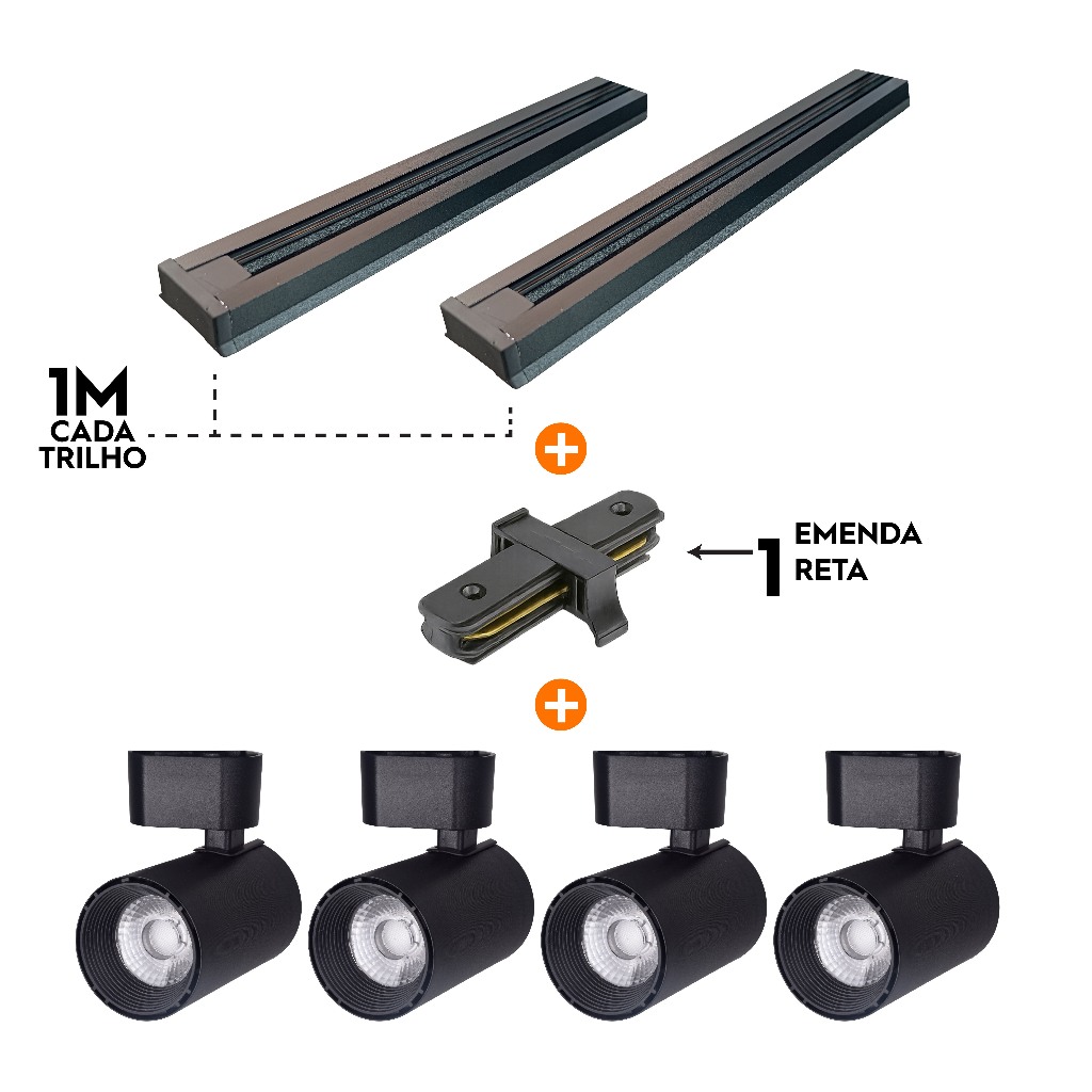 Kit Trilho Eletrificado 2m + 4 Spots Led 7w 10w Direcionável Bivolt (3000k, 4000k,6500k)