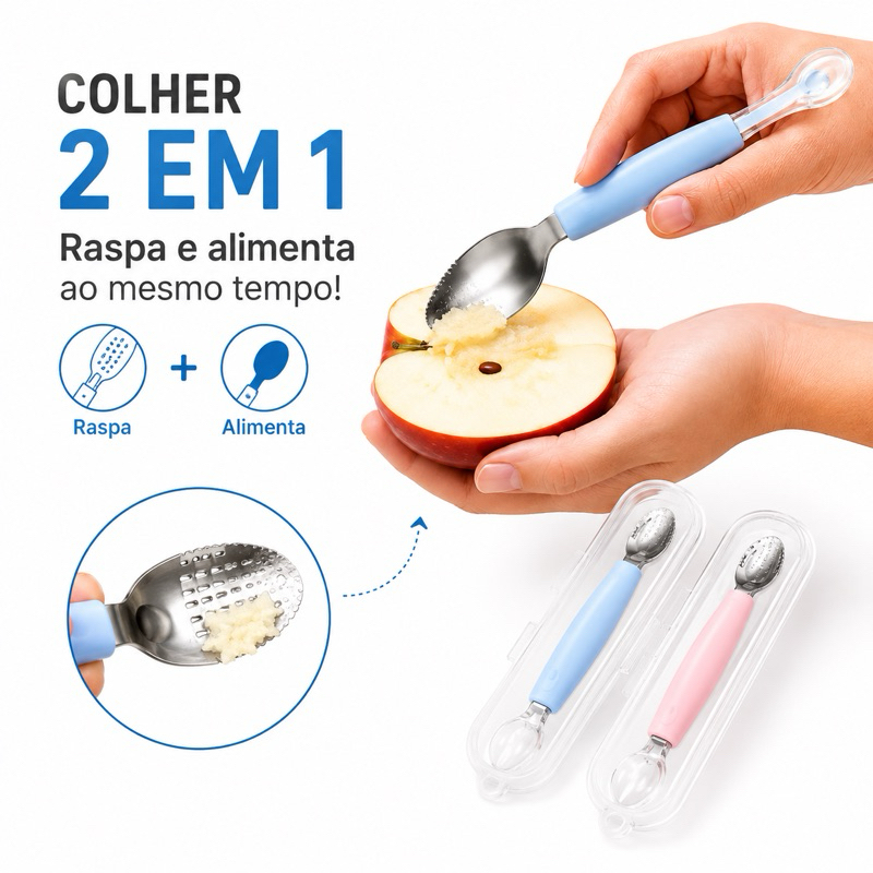 Colher 2 em 1 com Função de Raspa Frutinhas e Colher de Silicone Macio c/ Estojo Alimentação do Bebê