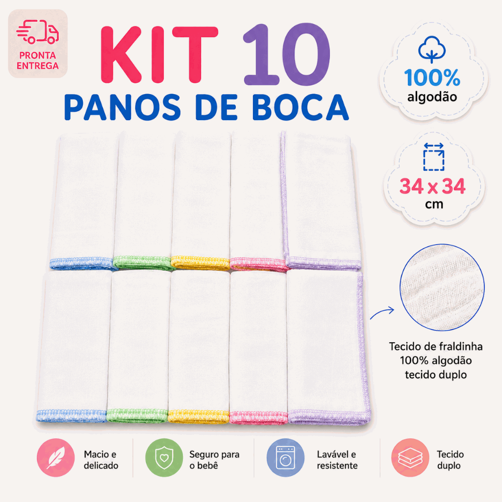 KIT PANO DE BOCA FRALDINHA 100% ALGODÃO 34X34
