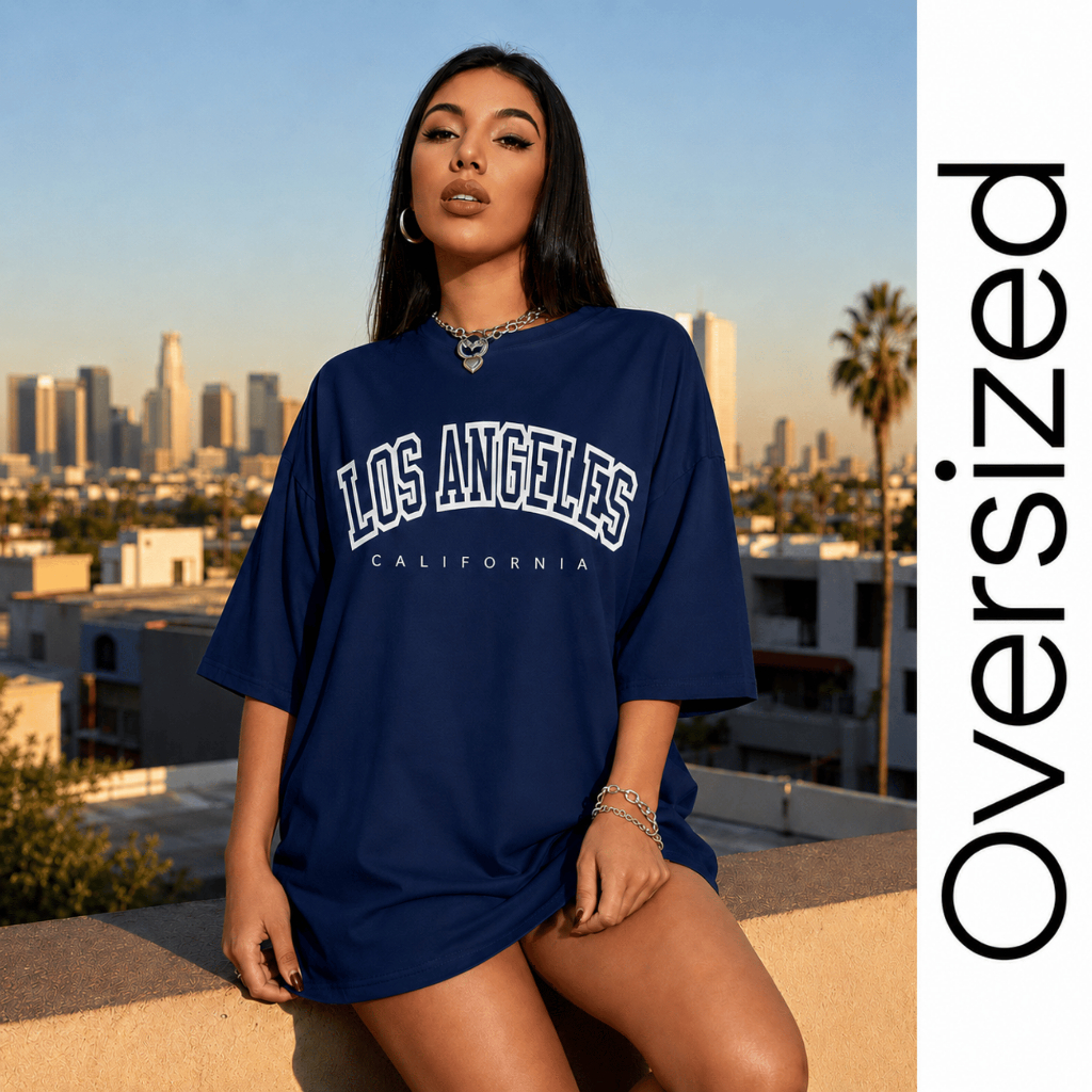 Camiseta Feminina Oversized Los Angeles California Estilo de Rua Corte Reto 100% Algodão