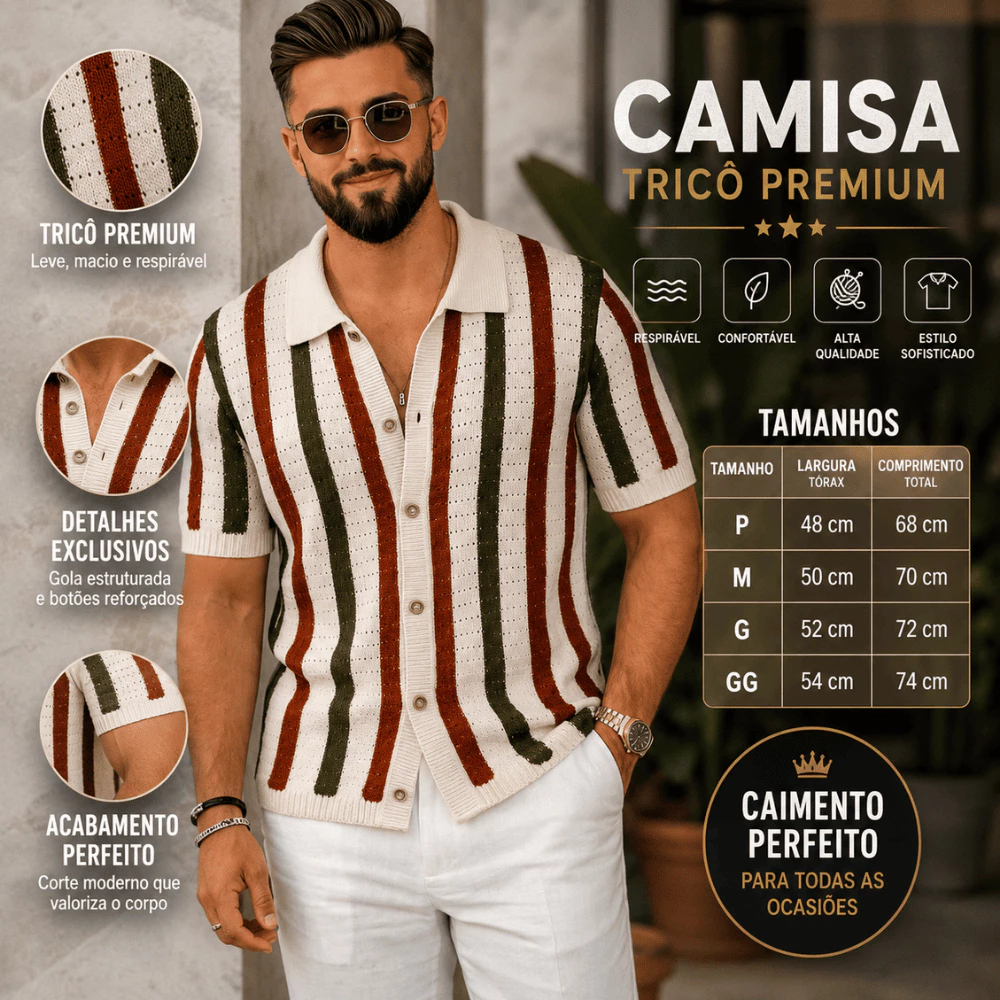 Camisa Masculina Casual de Botão Manga Curta Texturizada Gola Polo