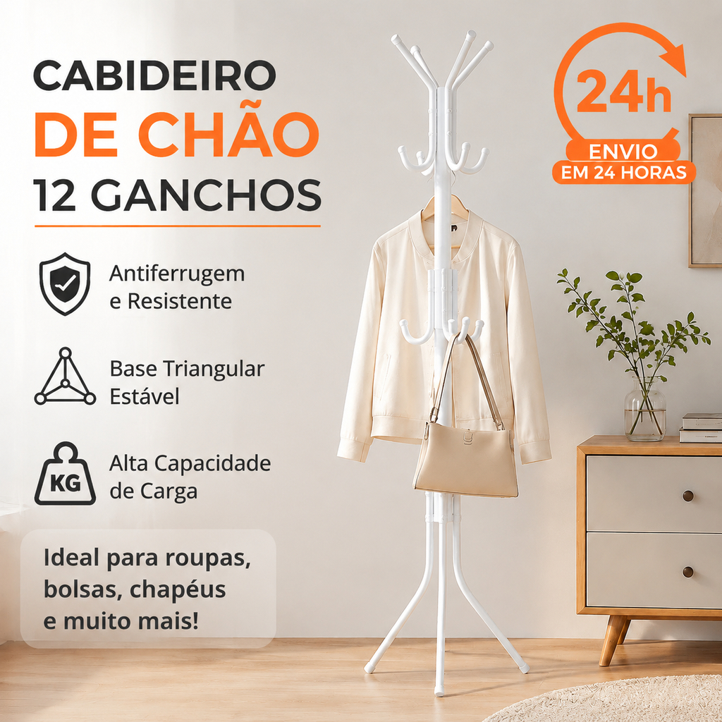 Cabideiro de Chão Ferro 12 Ganchos Guarda Roupa Portátil para Sala Quarto Organizar Casacos Bolsas