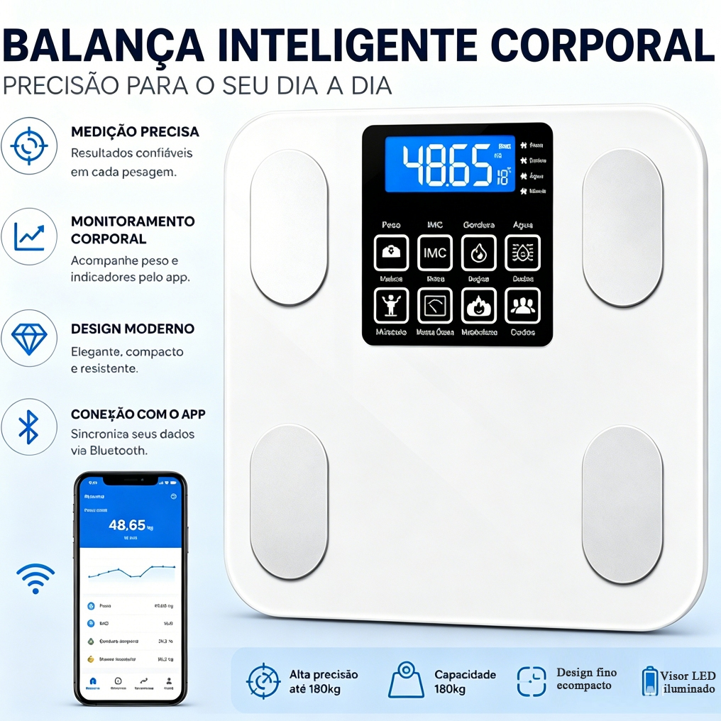 Balança Bioimpedância 180kg c/Bluetooth e App – LED, 50g, USB, 13 Dados, Vidro Temperado, 4 Usuários
