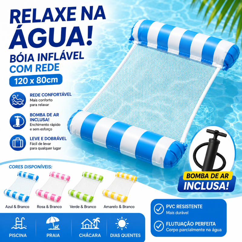 Colchão Inflável com Rede 120x80cm + Bomba de Ar Grátis – Bóia Confortável para Piscina Praia Verão