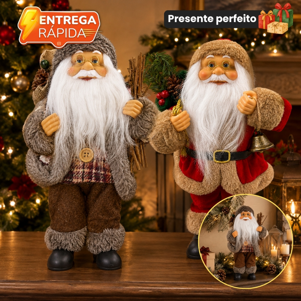 Papai Noel Decorativo Rústico 25cm Boneco Enfeite Natalino Segurando Lenha Óculos Presente Mesa Estante Sala Aparador