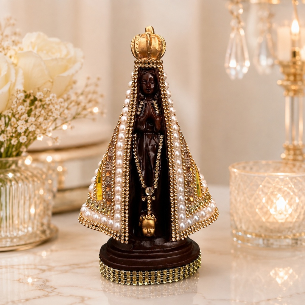 Imagem de Nossa Senhora Aparecida Marrom de Pérola bege Strass Pedraria 2Ocm de Gesso Portuguesa!