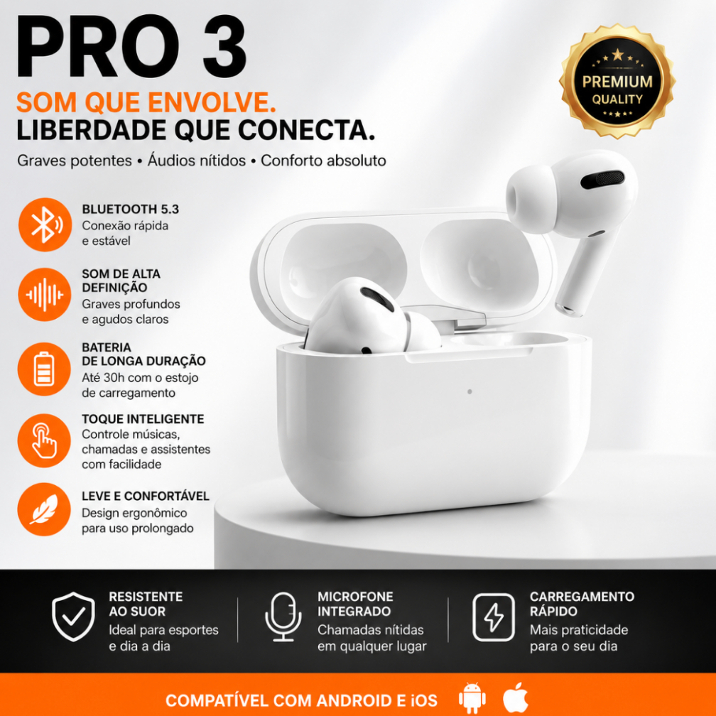 Fones Pro 3 TWS Bluetooth 5.3 com Case de Recarga para celular e tablet
