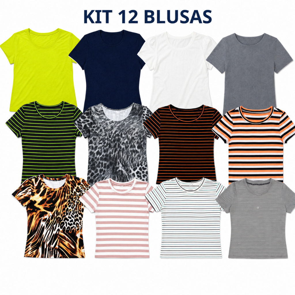 Kit Blusas Femininas Sortidas 2, 6 ou 12 Peças | Estampas Selecionadas Conforme Estoque Pequenos Defeitos Atacado