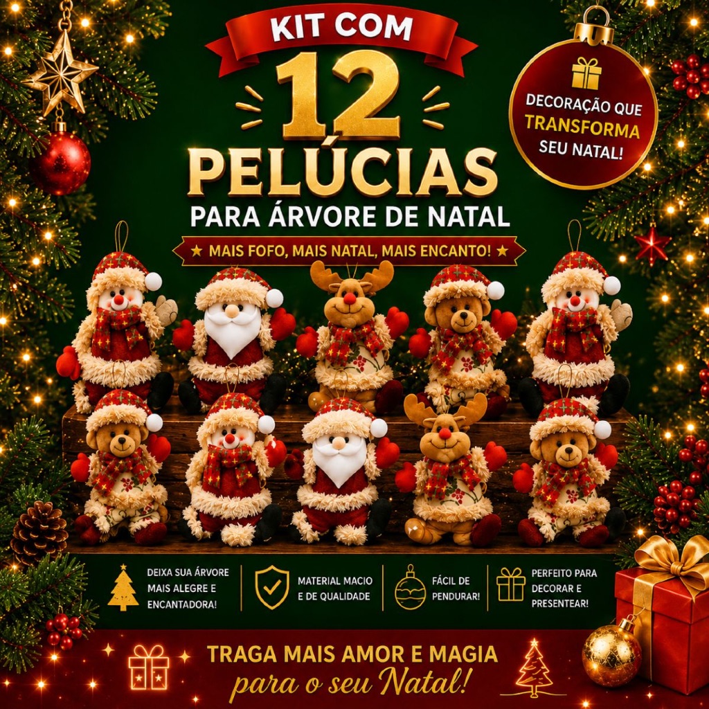 Kit 12 Bonecos de Pelúcia Pingentes Arvore de Natal Enfeites Decorativos Premium Luxo Papai Noel Rena Boneco Neve Meia