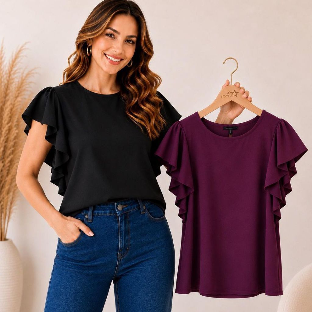 Kit com 2 Blusas feminina de manga babado duna elegante dia a dia Casual trabalho moderna do P ao G3