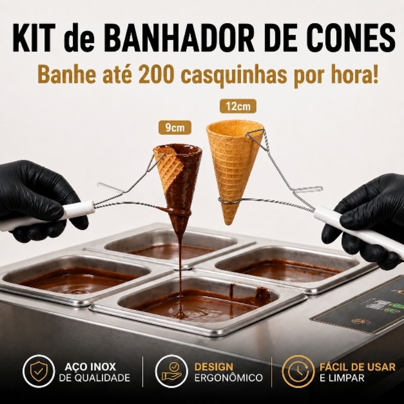 Kit de Banhador de Cone Profissional - Casquinhas de 12 cm e 9 cm - Produção Eficiente e Uniformidade