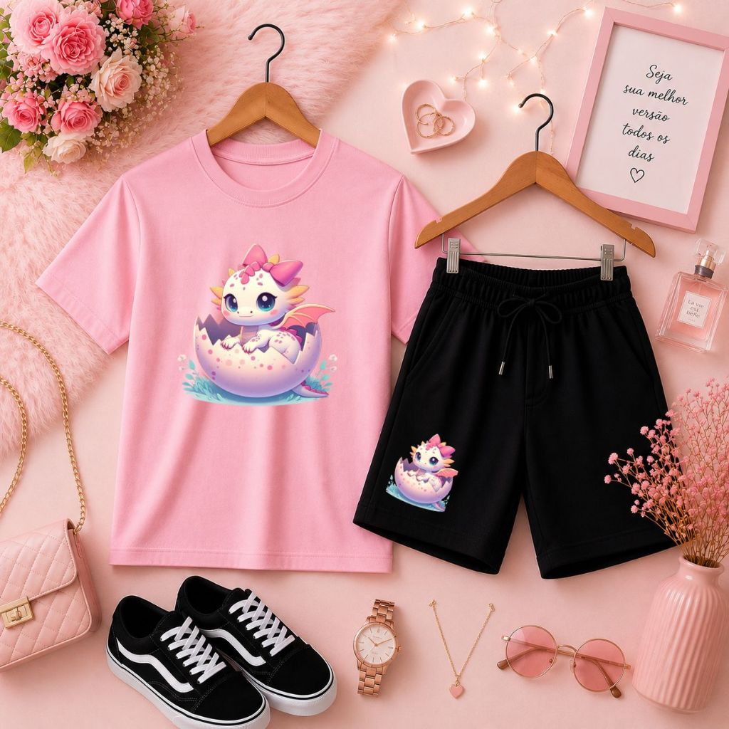 Conjunto Feminino Infantil para Menina Camiseta Básica e Short de Moletom para Passeios e Brincadeira Dinossauro Fofa