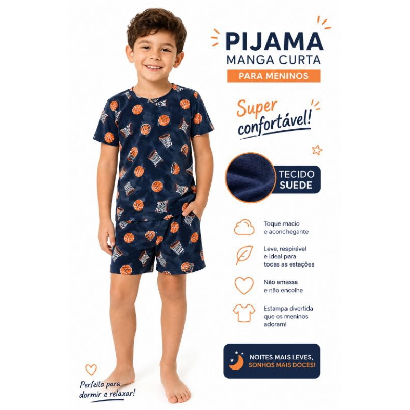 Pijama Infantil Masculino Meninos Manga Curta em Suede Confortável com Estampas Divertidas Tamanhos 06 ao 12