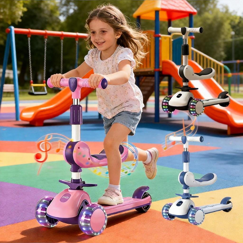 Patinete Infantil 3 Rodas De Led Musical Ajustável Dobrável Scooter Crianças e Guidão Ajustável -B03