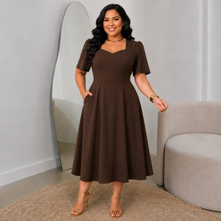 Vestido Midi Soltinho Moda Cristã Plus Evasê Tecido Dunas Elegante Modesto Bolso Leve Confortável Chic Fresco Premium