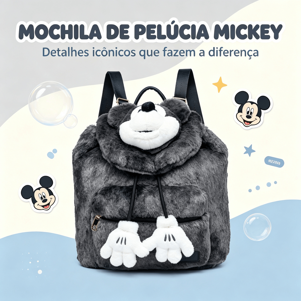Mochila Feminina Mickey Mouse Pelúcia Macia Reforçada Disney
