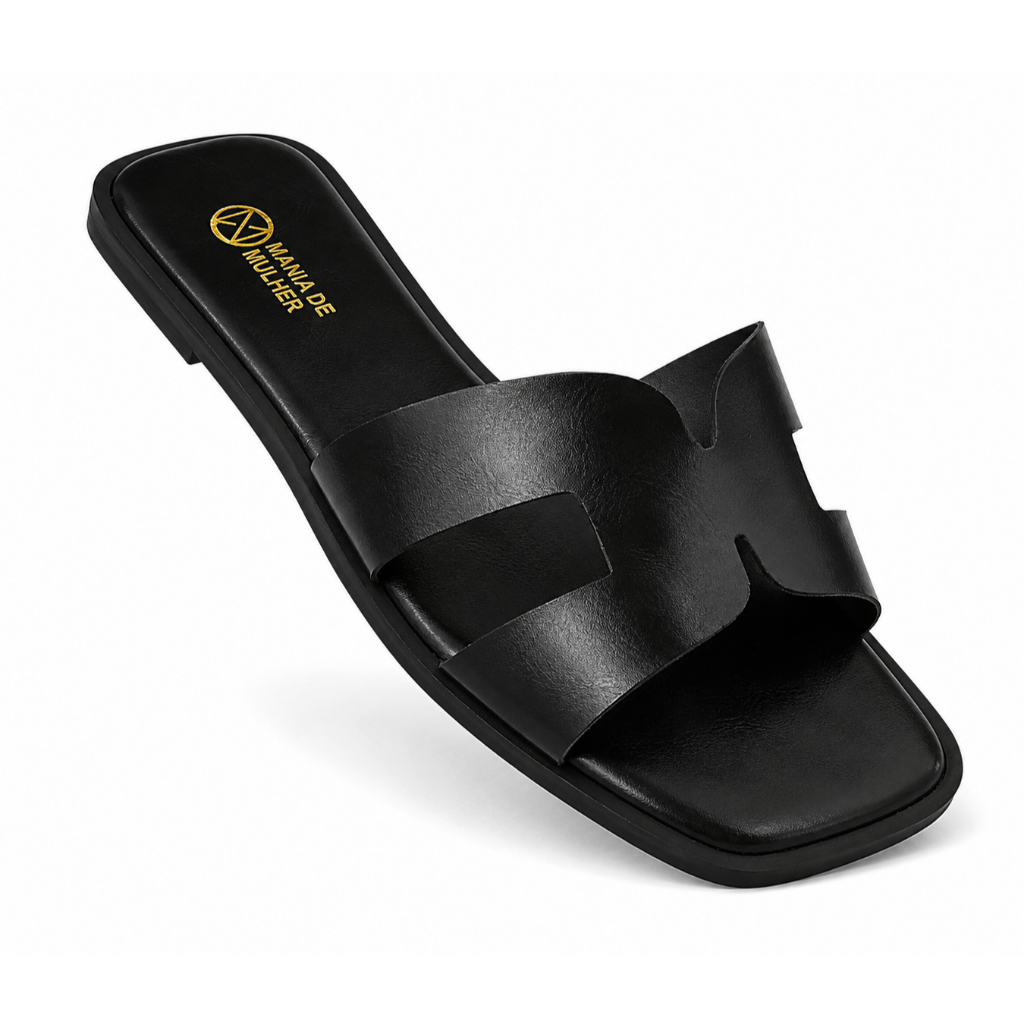 Rasteirinha Feminina H Napa Bico Quadrado Sandália Flat Confortável Elegante Preto Caramelo Off White