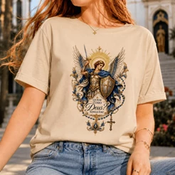 Camiseta Feminina São Miguel Arcanjo Quem Como Deus Católica 100% Algodão