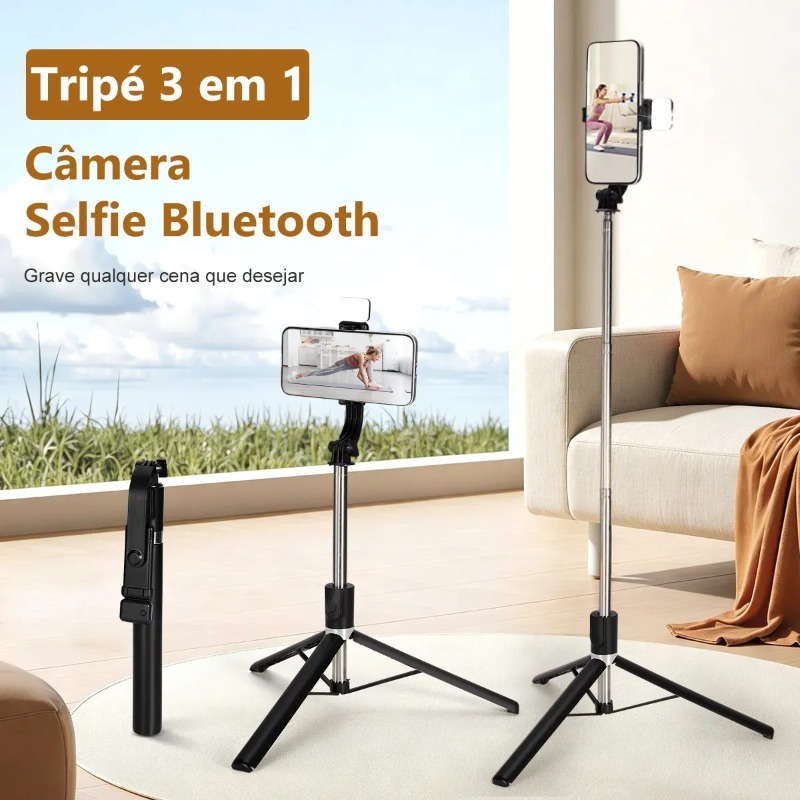 Tripé Selfie 1,7M Bluetooth com Controle Remoto LED para Fotos Vídeos e Lives