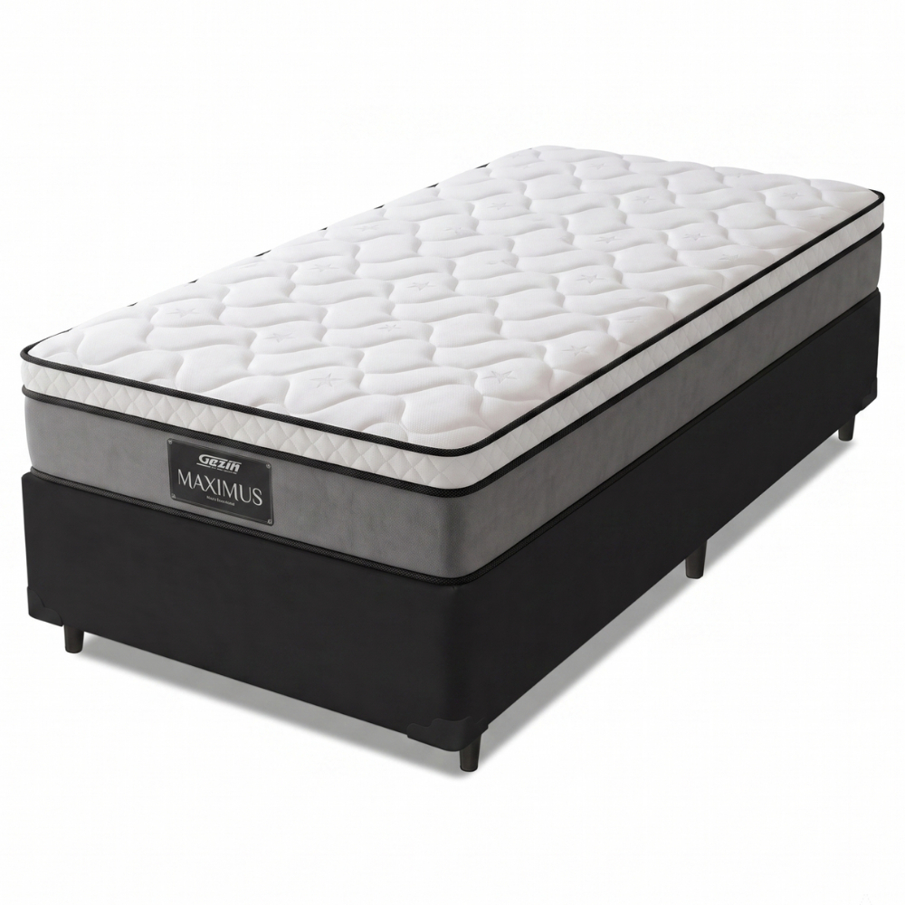 Cama Box Solteiro Colchão Molas Ensacadas Pillow Top Maximus 88x188x67cm Cinza / Preto Gazin - Supor