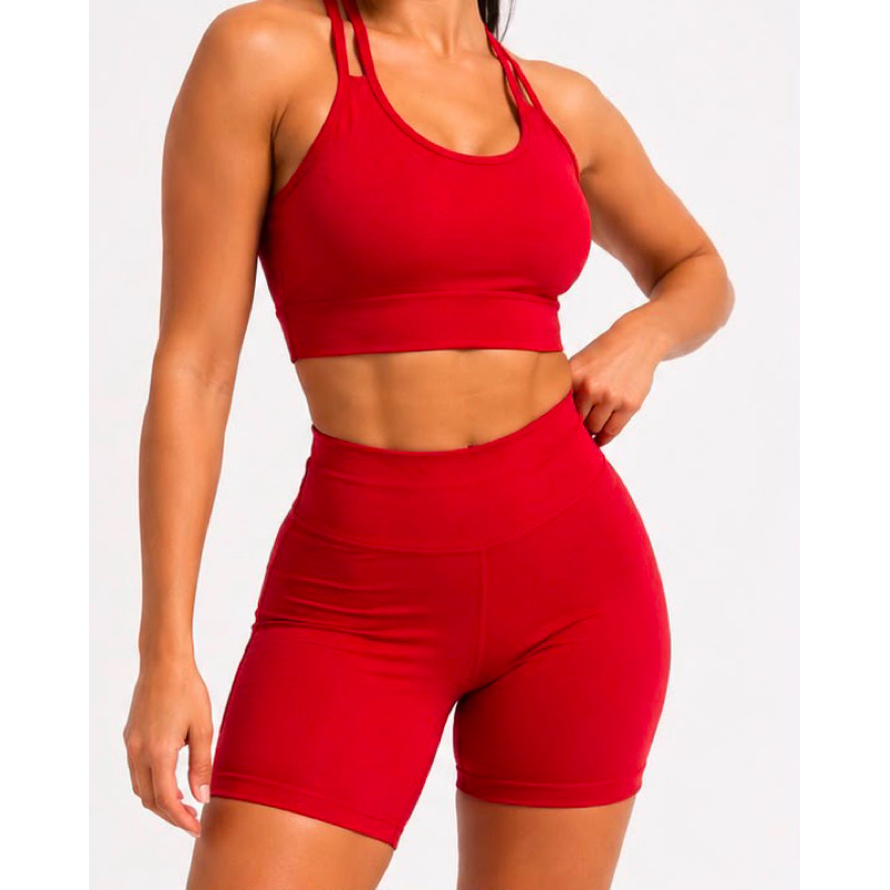 CONJUNTO FITNESS/ACADEMIA TOP+SHORT CINTURA ALTA FEMININO ALÇA DUPLA NA FRENTE E CRUZADA NAS COSTAS