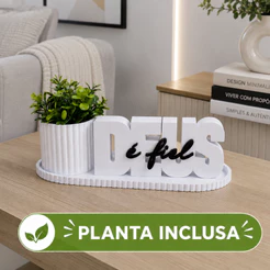 Kit Decorativo Deus é Fiel com Vaso e Planta Artificial Bandeja Enfeite Religioso Sala Quarto Escritório