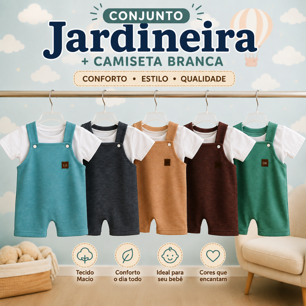Kit Jardineira Bebê Menino 2 Peças Camiseta e Jardineira 3 á 6 Meses