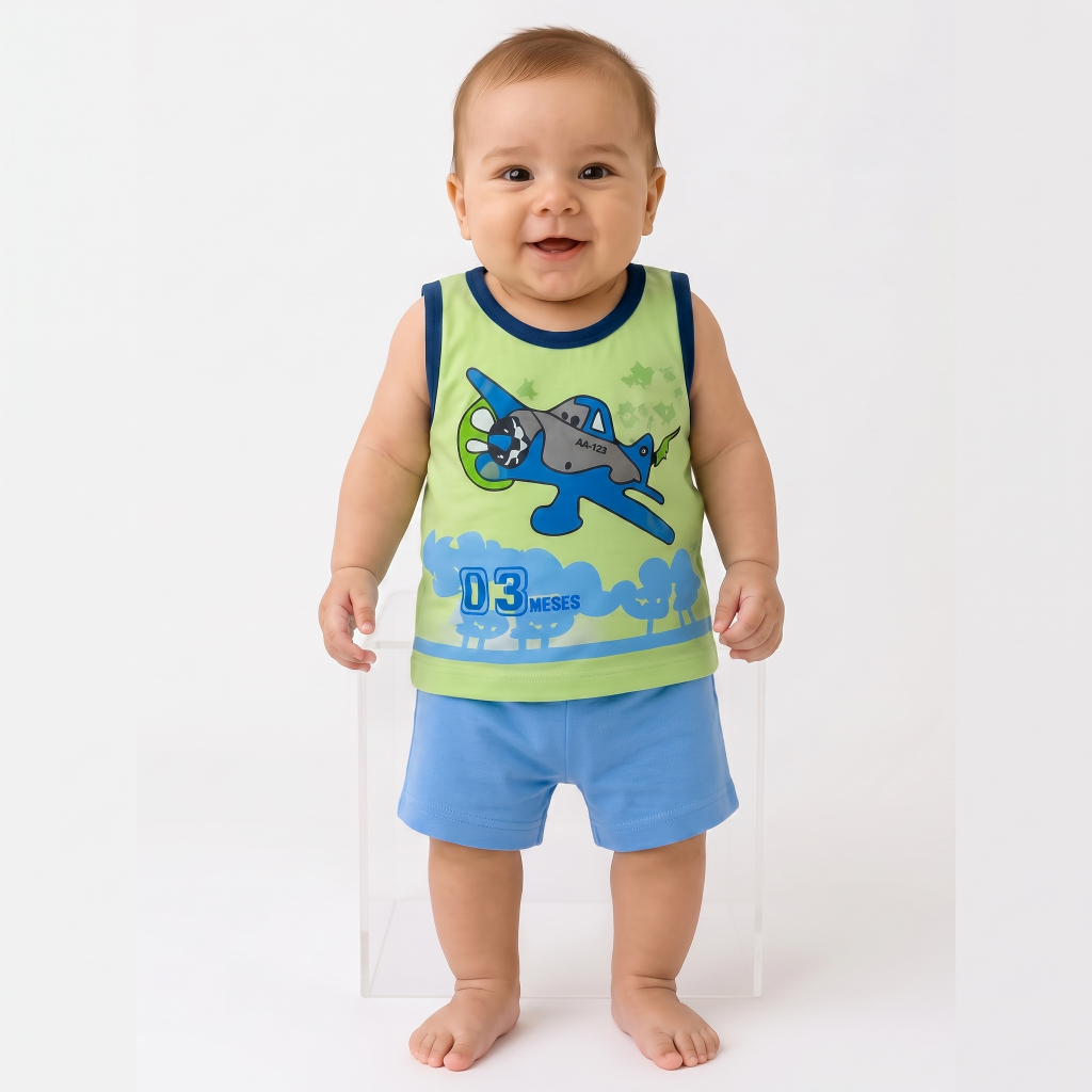 Conjunto Infantil Bebê Menino Blusa e Short de Algodão Estampado Confortável 2 a 6 Meses