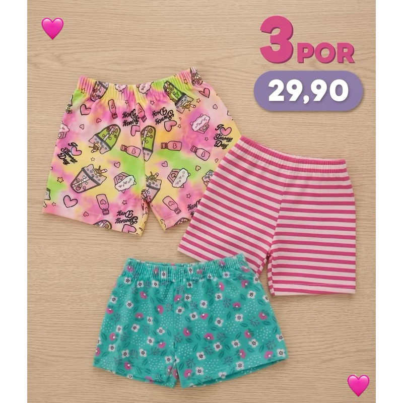 Kit 3 Shorts Menina infantil verão /estampadas ou lisa PROMOÇÃO