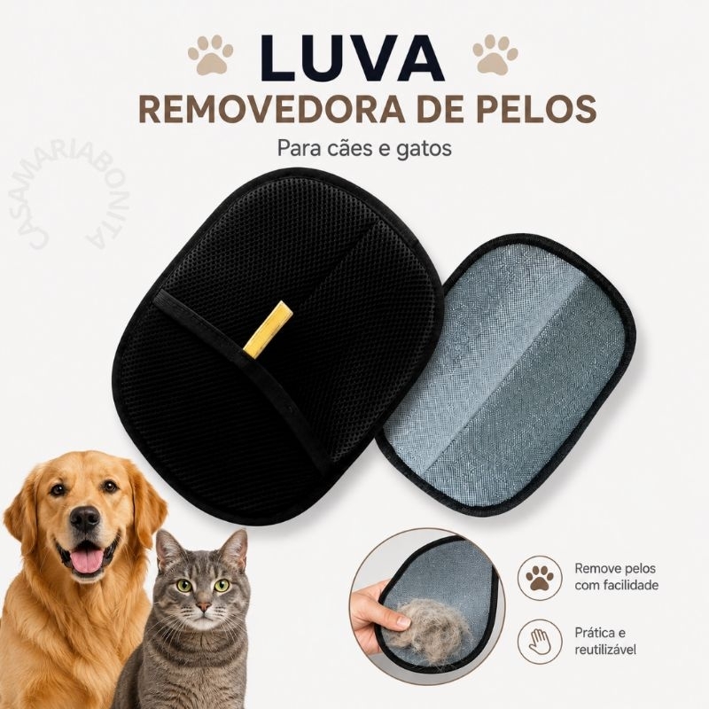 Luva Removedora de Pelos Pet para Cães e Gatos Reutilizável Lavável para Sofá Roupas e Estofados