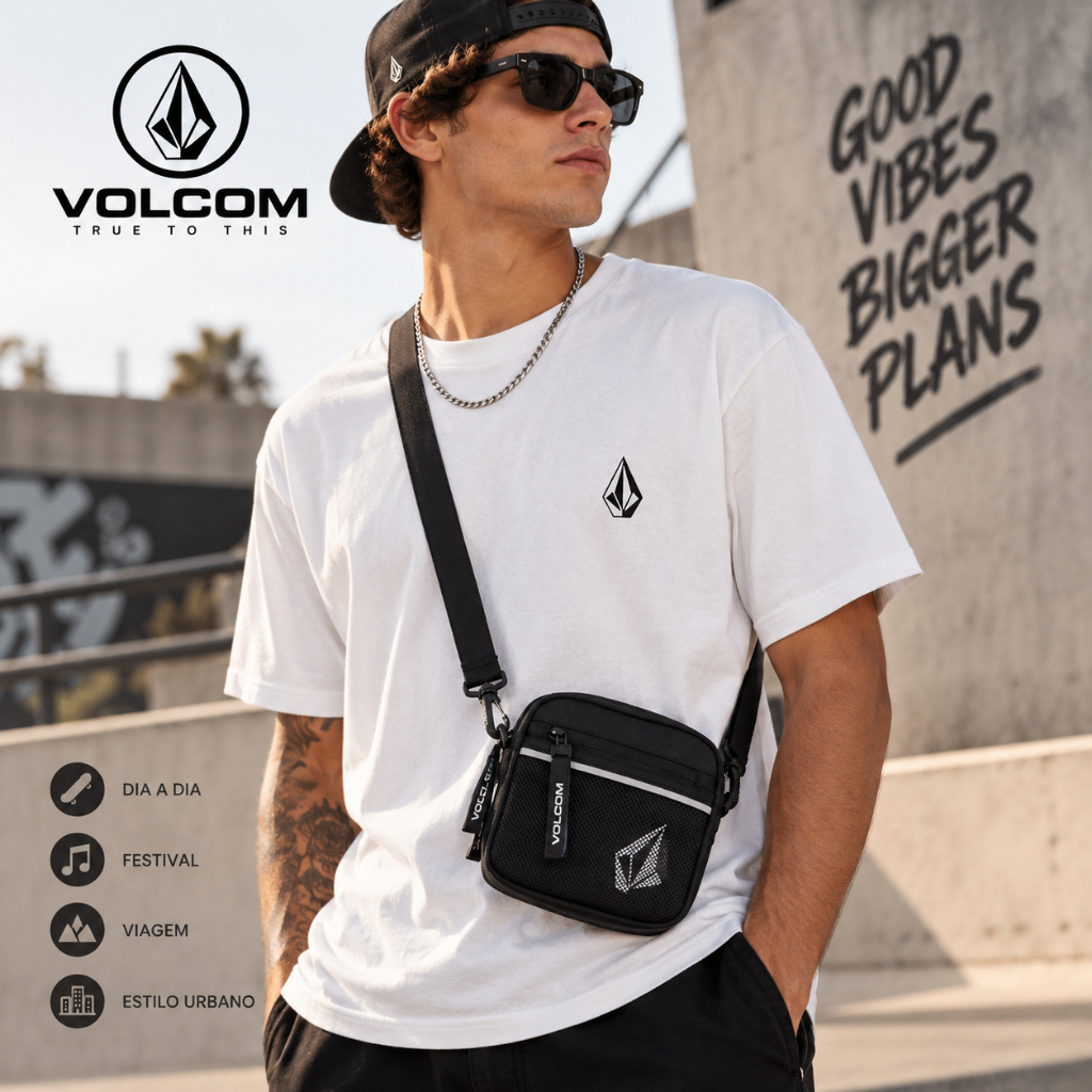 Shoulder Bag Volcom Bolsa Transversal Masculina 3 Compartimentos Antifurto Alça Ajustável Original