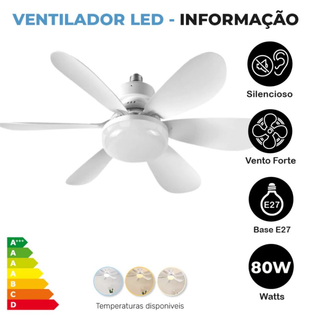 Ventilador de Teto LED 60W 80W Lâmpada E27 Controle Remoto Bivolt Luminária ECO Bivolt
