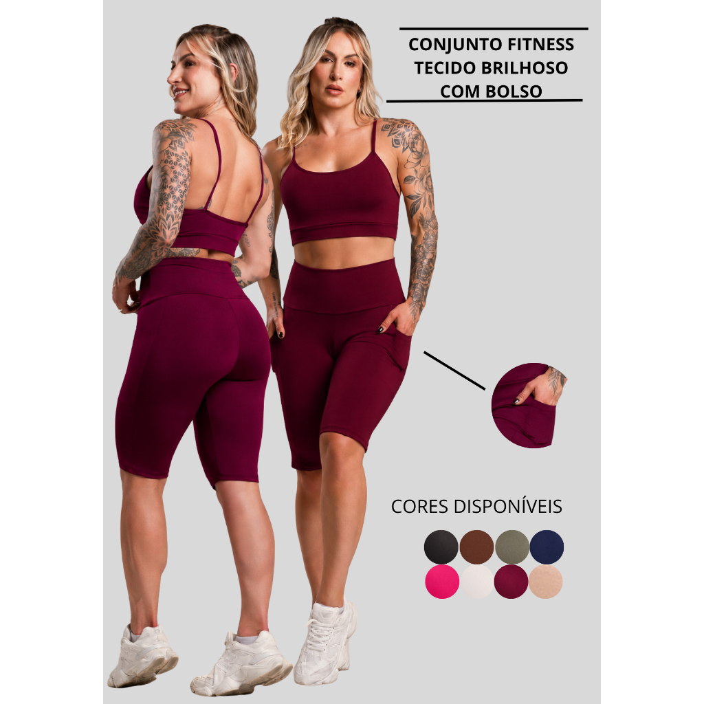 Conjunto Fitness Feminino Brilhoso Academia Top Cropped Alcinha e Bermuda Com Bolso Cintura Alta ZERO TRANSPARÊNCIA