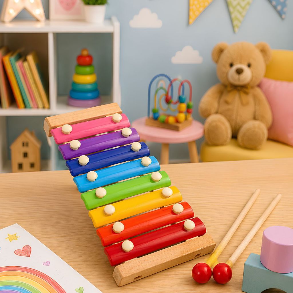 Xilofone Infantil Brinquedo Musical MDF Com Baquetas Didático