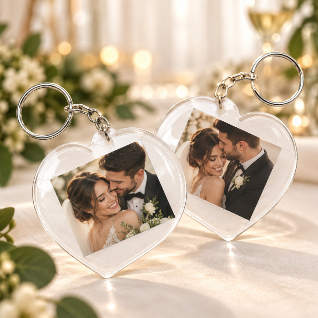 Kit 20 Chaveiros Personalizados + 40 Fotos 3x4 Coração Acrílico Lembrancinha Casamento