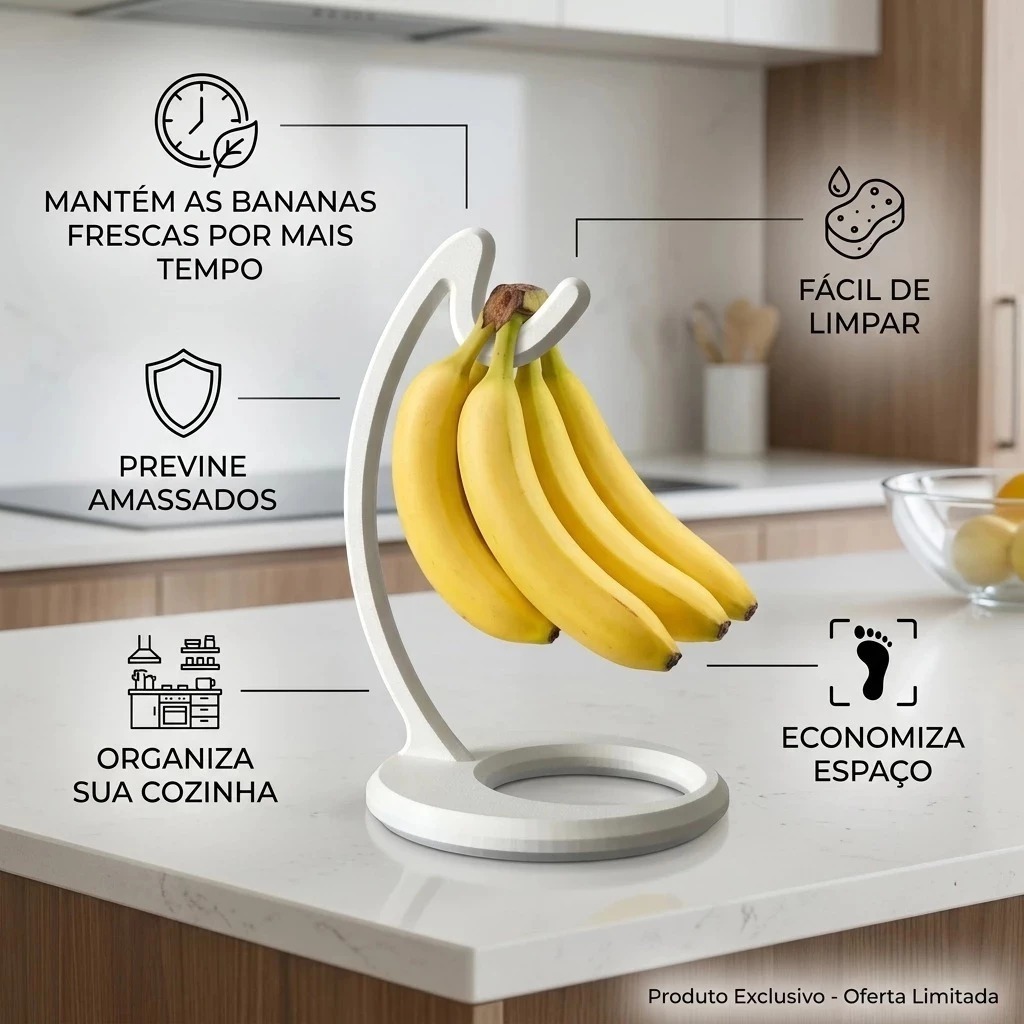 Suporte Mesa Fruteira Gancho para Pendurar Bananas Multiuso - Oferta PRETO / BRANCO / AMARELO
